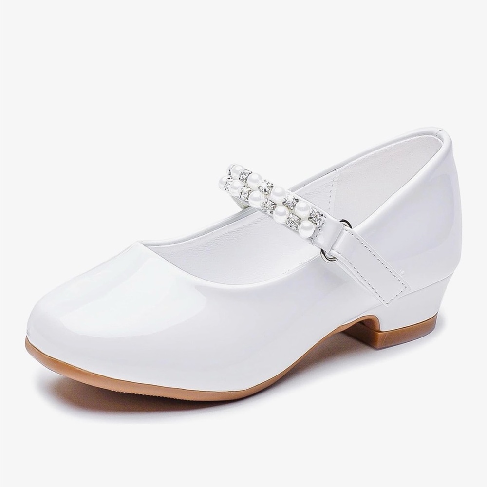 Elegant White Kids Shoes with Pearl Strap, low heel